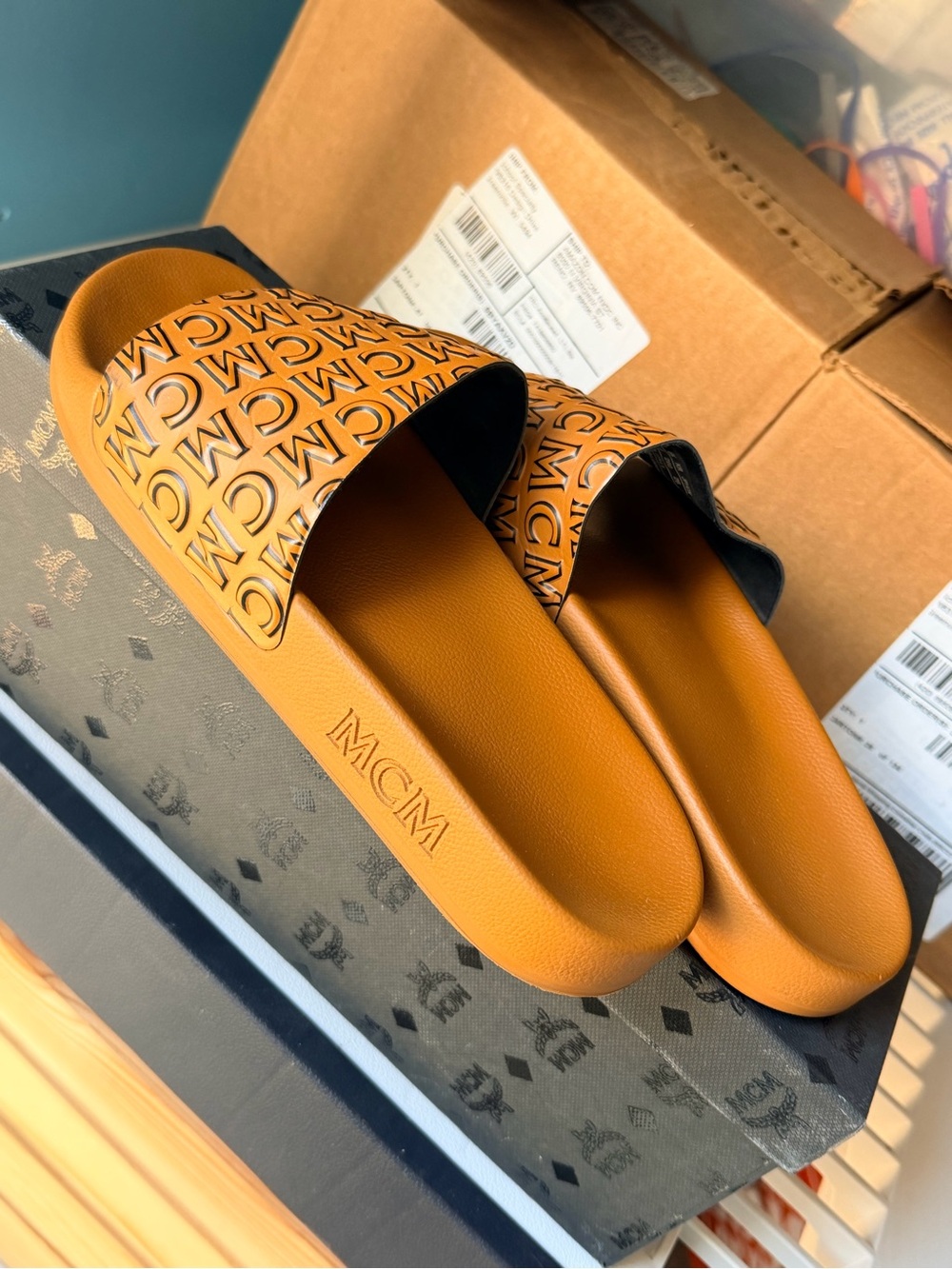 MCM Cognac Logo Slide Sandals with Black Inner Trim